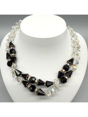 Vintage Black Clear Crystal Beaded Necklace Rhinestone Clasp 15"